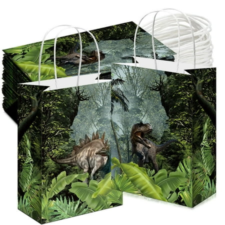 Sinmoe 24 Pcs PriNst Dinosaur Party Favor Bags with Handles Green Dino Candy Treat Goodies Paper Gift Bags Jurassic Dinosaur Themed Birthday Party Decor Supplies, 2 Designs