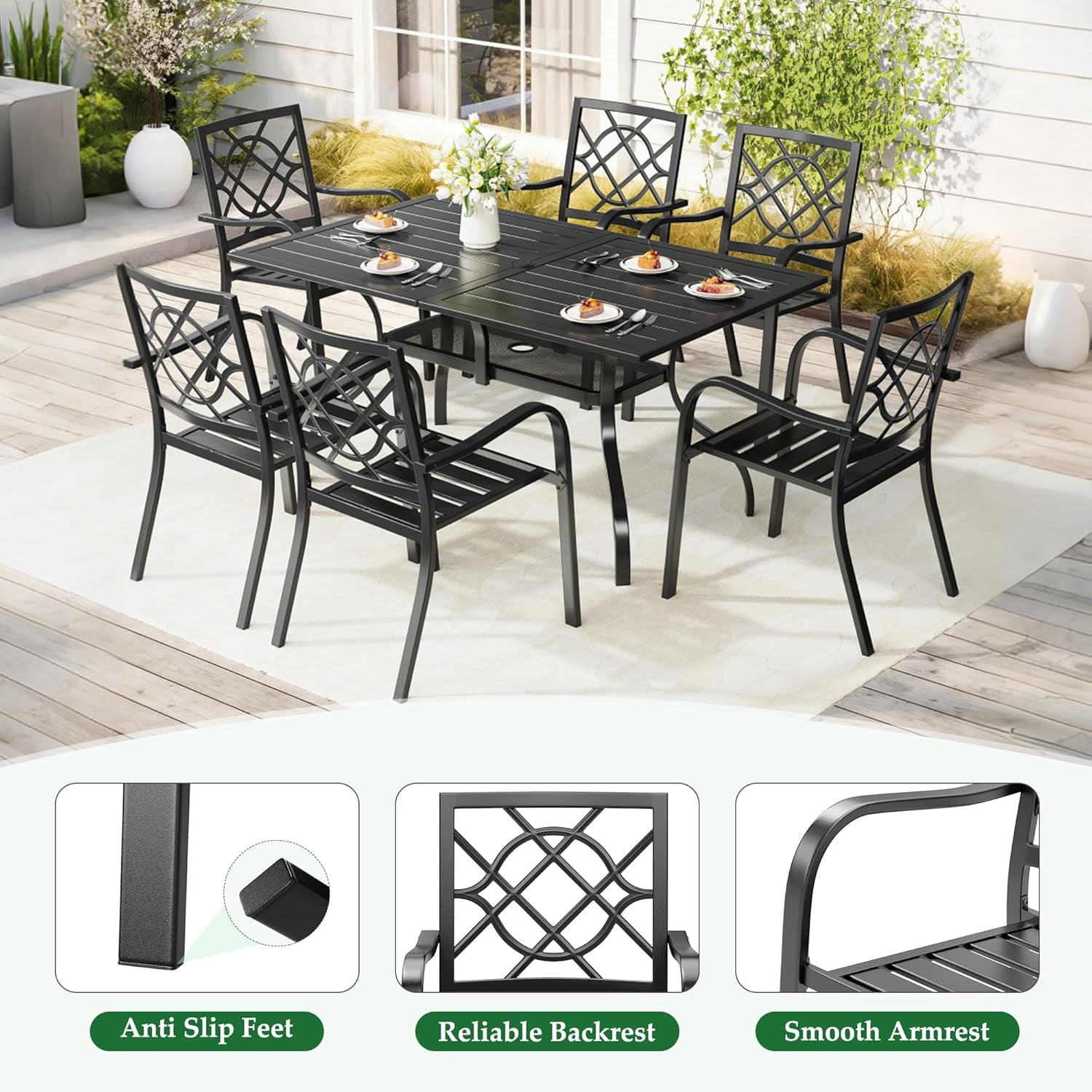 SOLAURA 7 Piece Outdoor Patio Dining Set, Metal Furniture Set Rectangular Dining Table with Umbrella Holes & 6 Stackable Backyard Garden Chairs