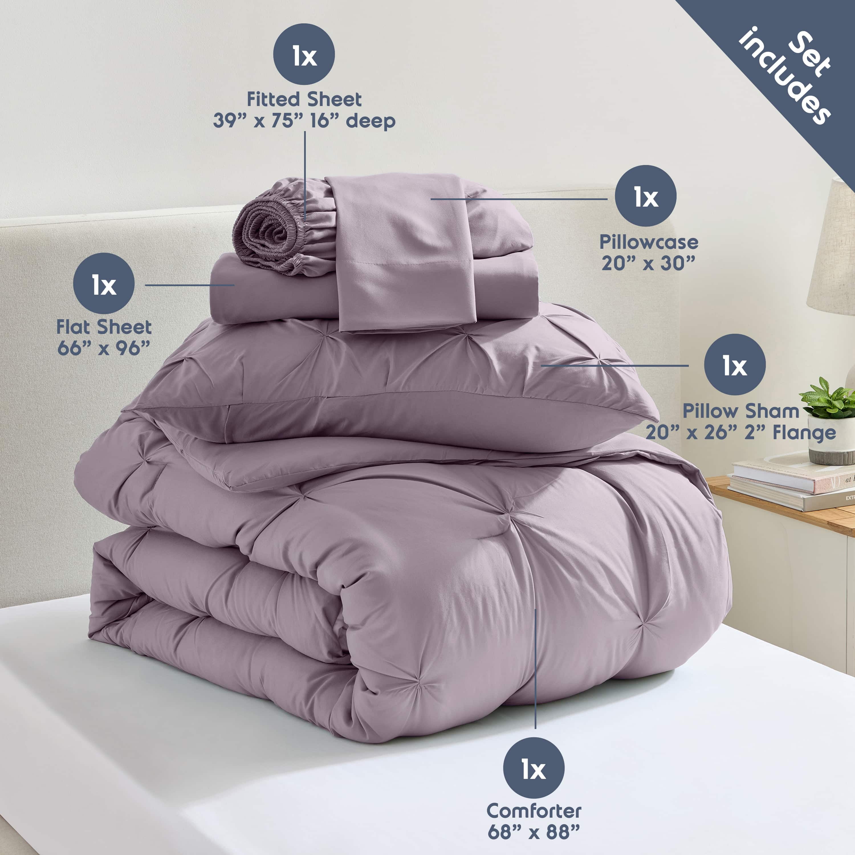 LammaLoe Twin Comforter Sets, 5 Piece Bed In A Bag Pintuck Bedding Sets, Grayish Purple