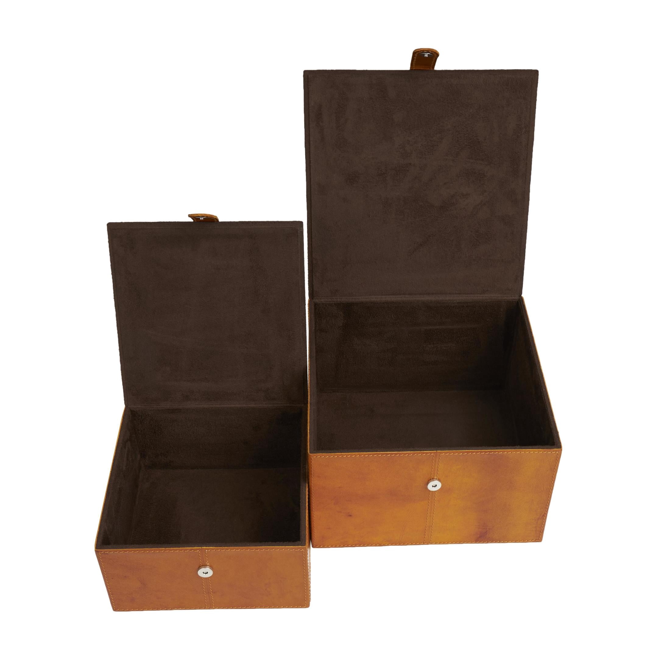 DecMode Handmade Storage Brown Leather Decorative Box with Snap Front Closure and Detailed Stitching, 2 Count