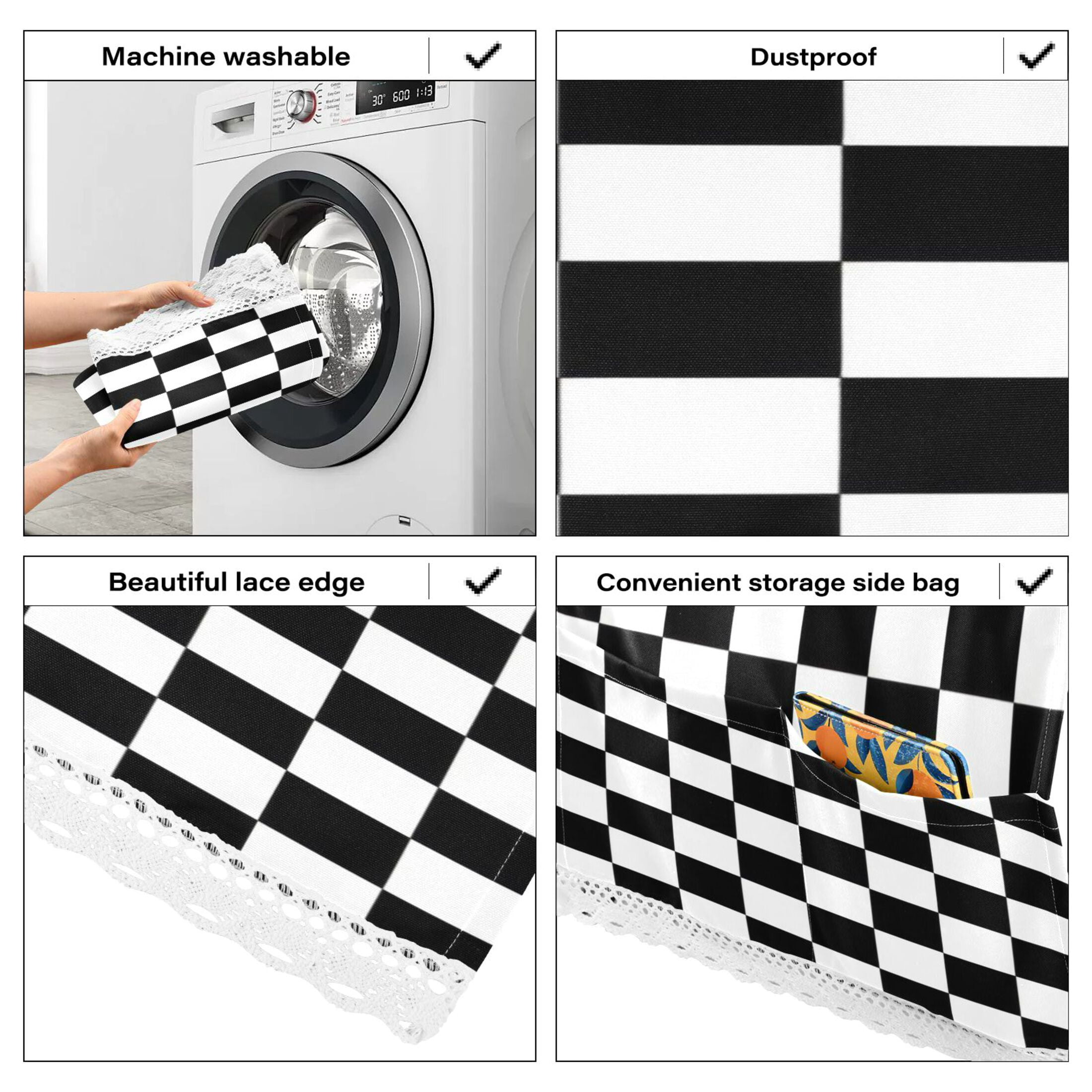 Washing Machine Cover 51.2x22in, Durable Polyester Dust Cover with Lace Trim and Side Pocket for Appliances Black and White Checkered