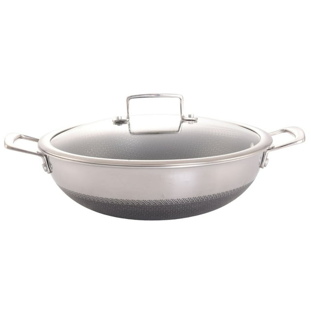 Tri ply stainless steel wok karahi 28cm with glass lid and dual side handles for cooking