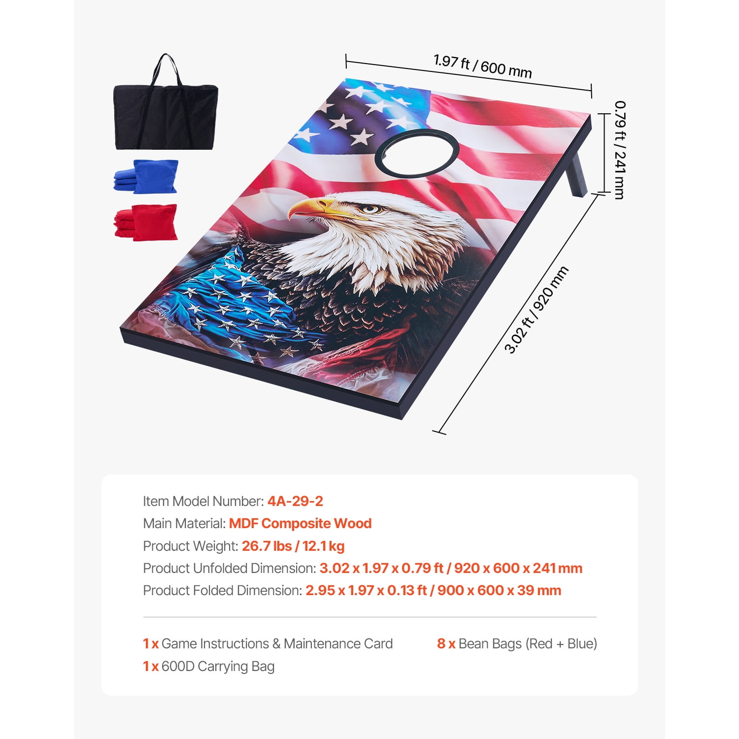 KFFKFF Portable Cornhole Set, 3x2 ft Toss Game Boards, MDF Wood Design for Indoor and Outdoor Use, Includes 8 Bean Bags and Carrying Case, Ideal for Yard, Beach, Backyard, and Camping Activities