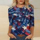 thumbnail image 1 of Fiudx Liquidación de Ahorros de Verano Blusa Holgada con Estampado de Independencia y Cuello Redondo Retro de Manga Tres Cuartos a La Moda para Mujer, 1 of 4