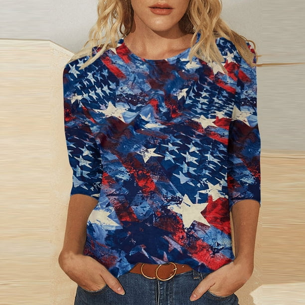 Fiudx Liquidación de Ahorros de Verano Blusa Holgada con Estampado de Independencia y Cuello Redondo Retro de Manga Tres Cuartos a La Moda para Mujer