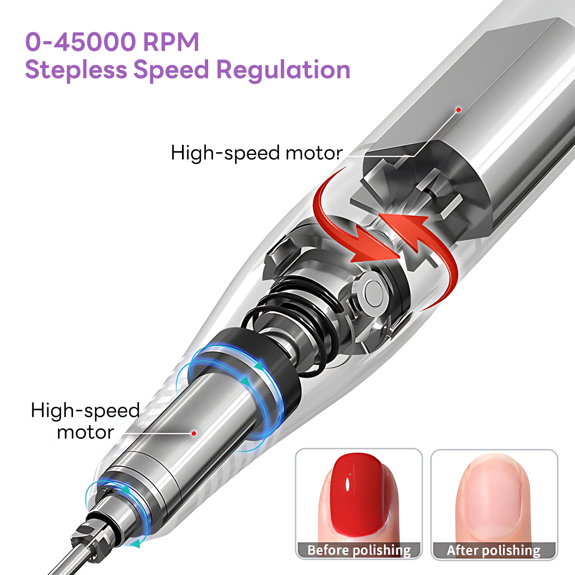 INSMART 45000 RPM Nail Drill Machine, 2-in-1 Professional Nail File & LED Lamp, Rechargeable for Acrylic Gel Nails Home Salon Use