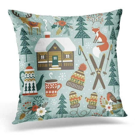 Chalet 3 Light CMFUN Cute Forest Animals Winter Woodland Repetitive with Deer Fox Bird Chalet Flowers and Ski on Light Pillow Case Pillow Cover 18x18 inch ()