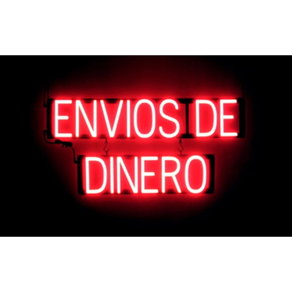 SpellBrite ENVIOS DE DINERO LED Sign for Business. 31.0" x 15.0" Red ENVIOS DE DINERO Sign Has Neon Sign Look With Energy Efficient LED Light Source. Visible from 500 Feet, 8 Animation Settings.