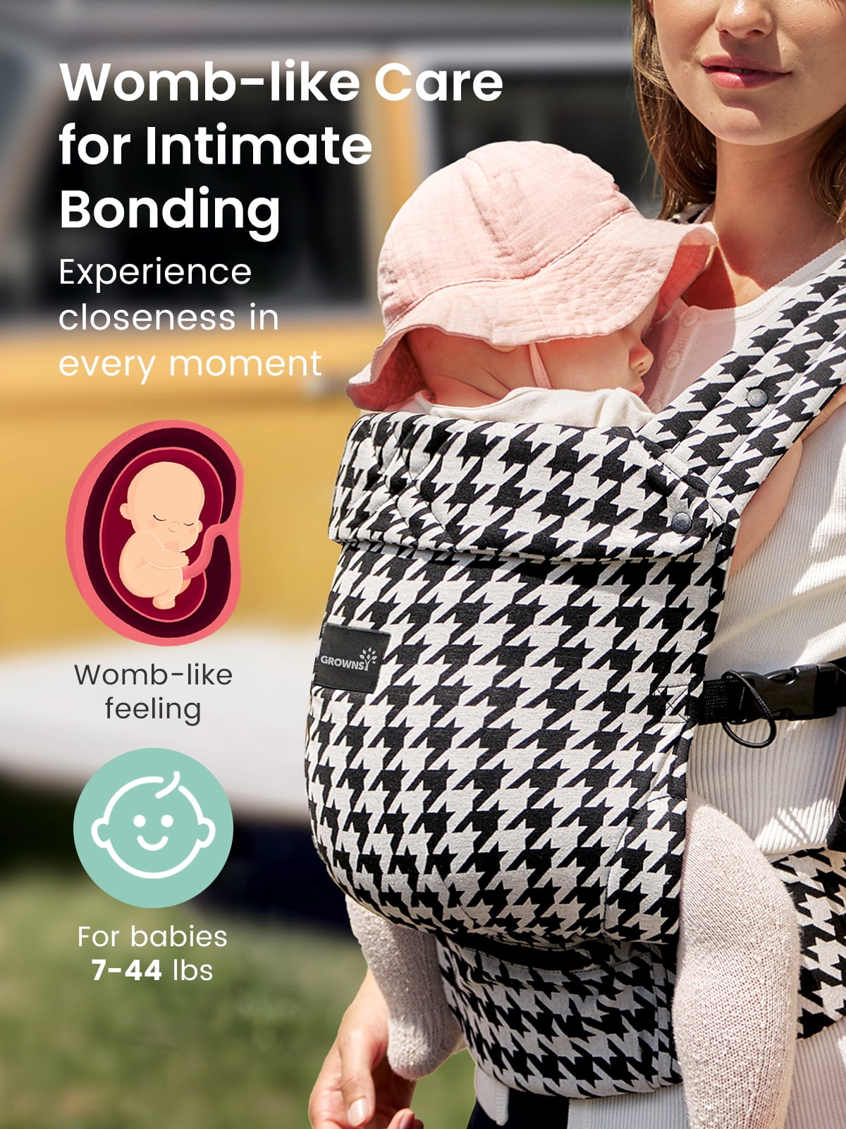 Grownsy Baby Carrier for Newborn to Toddler, Ergonomic, Comfortable and Lightweight, Hands-Free, Head Support, 7-44lbs, Perfect for Travel and Hiking