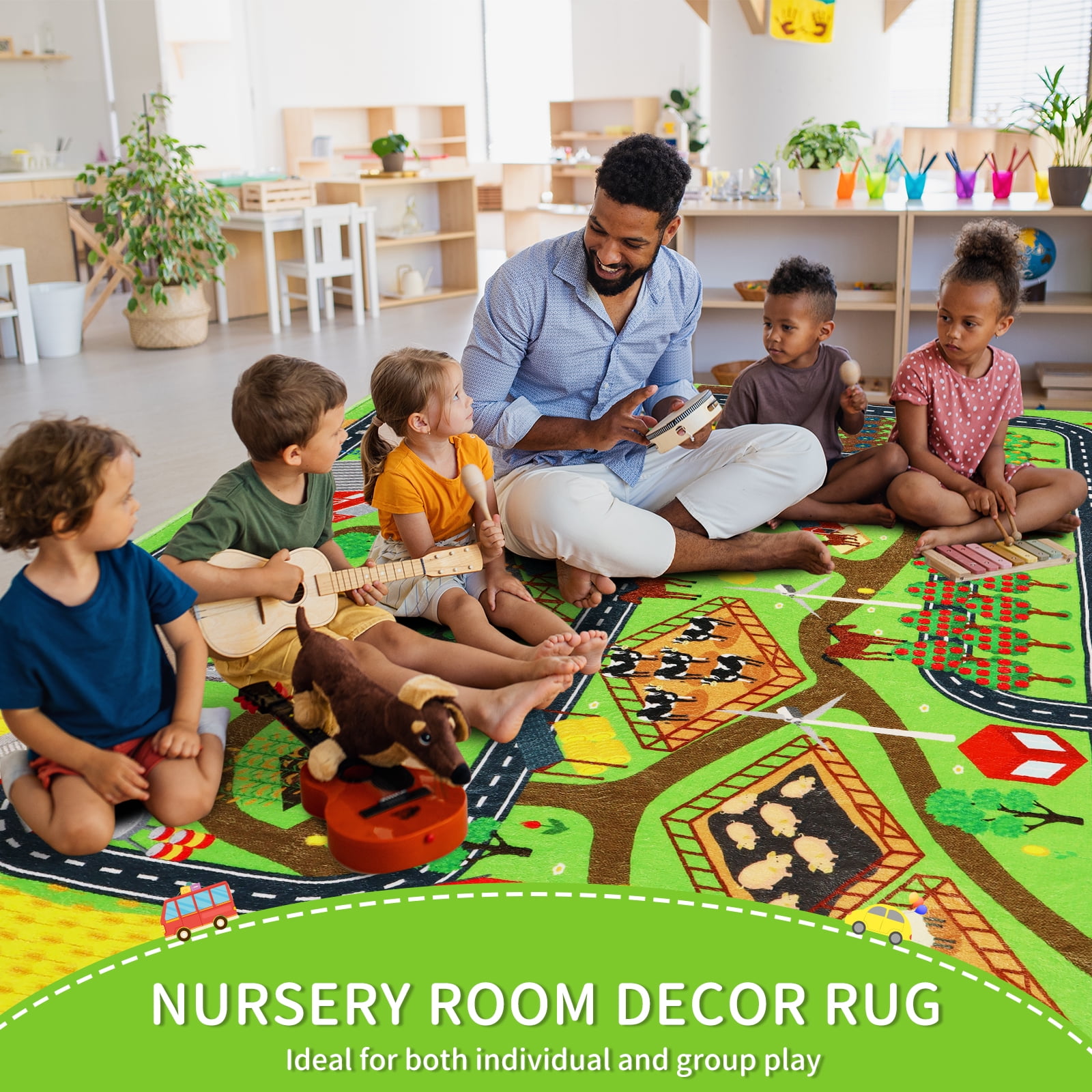 Kids Rug Car Rug for Toy Cars,Farm Life Road Traffic for Playroom Kid Car Road Rug Village Map Play Mat Non-Slip Washable Play Rug for Toddler Boy Family Tummy Time Playtime