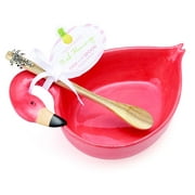 Mozlly Two's Company Pink Flamingo Ceramic Candy Dish with Acacia Wood Spoon (2pc Set) (Multipack of 6) Tropical Party Kitchenware