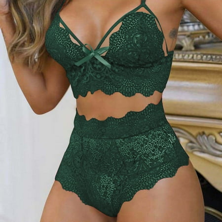 

RPVATI Women Sexy Lingerie 2 Piece High Waisted Lace Bodysuit Strappy Bra and Panty Sets Green XL