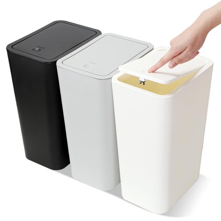 Small Bathroom Trash Can 10L/2.6 Gallon Plastic Wastebasket Kitchen Bedroom Office Pop-Up Lid - 3 Pack - Black/Grey/White