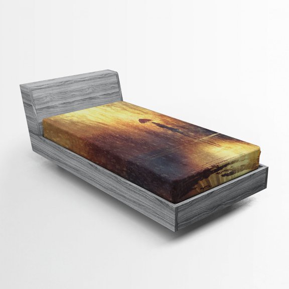 Ambesonne Modern Fitted Sheet, Woman Under the Rain, Twin Size, Pale Caramel Yellow