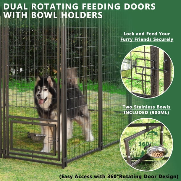 Outdoor Dog House For Large Breeds With Anti-Chew Iron Frame & 360° Rotating Bowls - Weatherproof Kennel