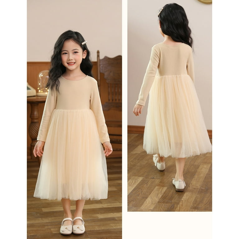 blue dress for baby girl Toddler Girl Solid Color Button Design Ribbed Long-Sleeve Dress Apricot, Apricot / 3-4 Years main image 1