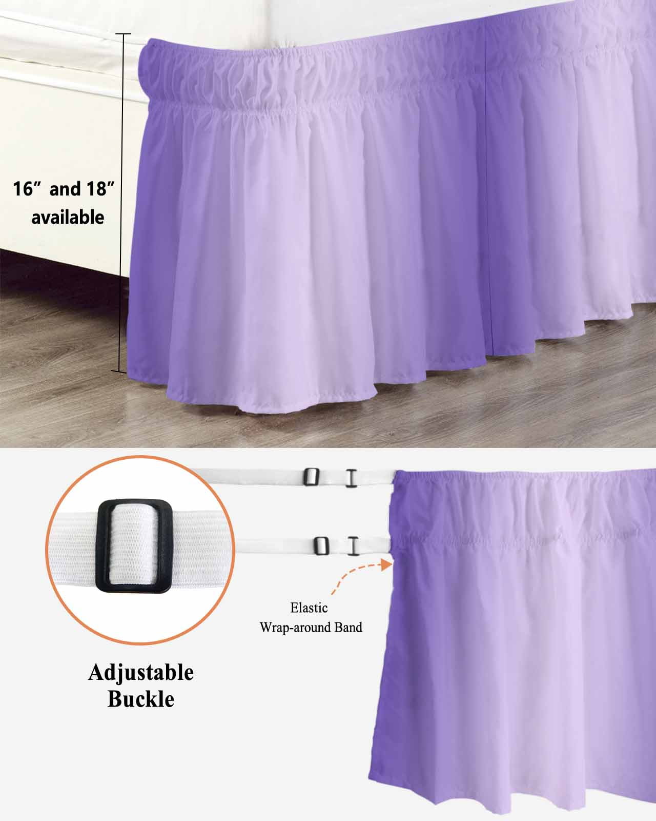 Ombre Bed Skirt Queen Size 16" Drop Violet Purple Gradient Ruffled Wrap Around Bed Skirts Adjustable Elastic Bedskirt Dust Ruffle for Queen Size Bed