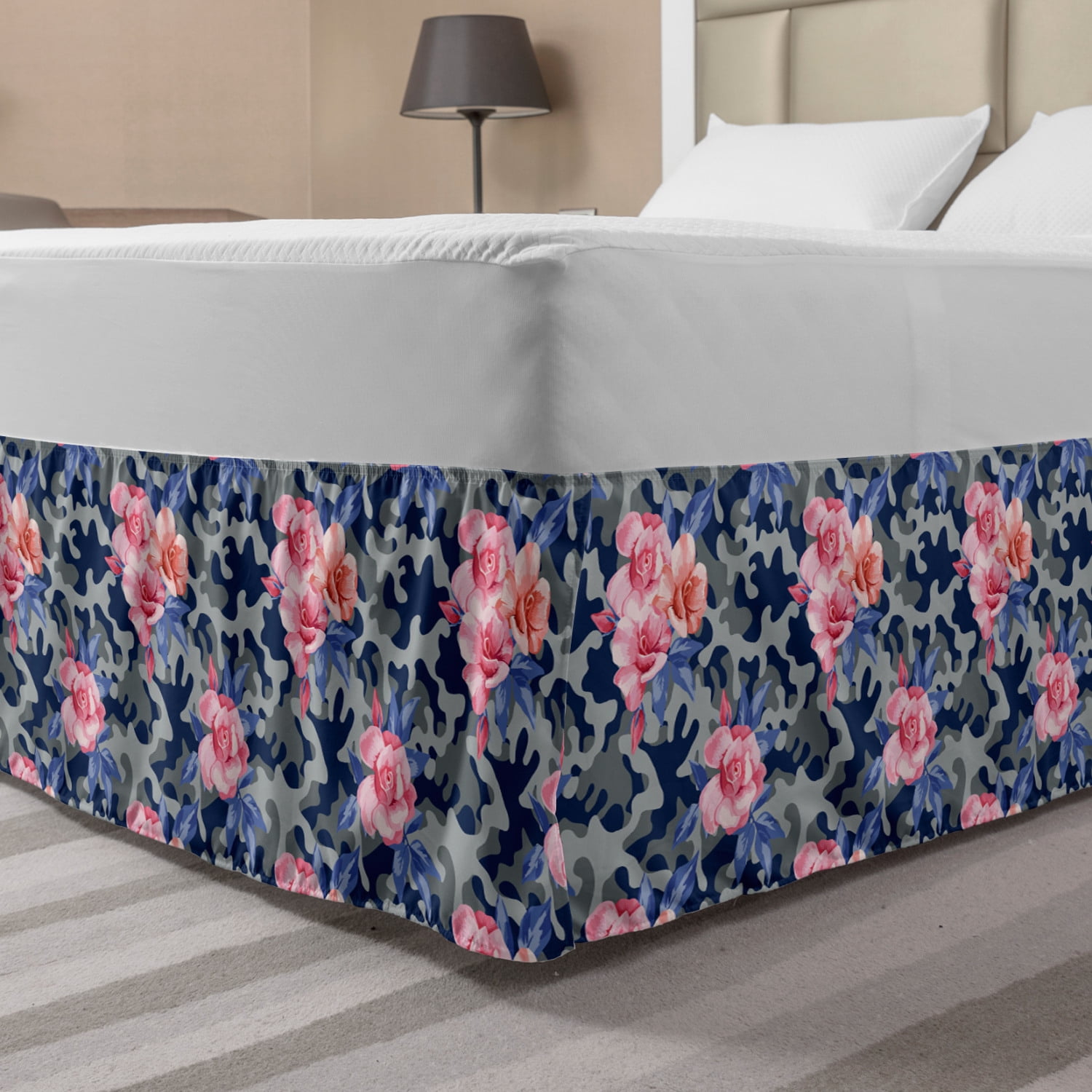 Camo Bed Skirt, Victorian Theme Pink Retro Design Roses Urban Fashion