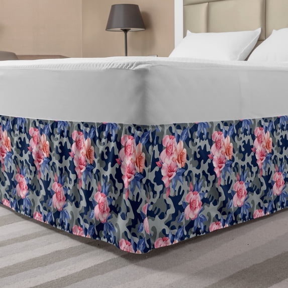 Camo Bed Skirt, Victorian Theme Pink Retro Design Roses Urban Fashion Nature Feminine, Elastic Bedskirt Dust Ruffle Wrap Around for Bedding Decor, 4 Sizes, Violet Blue Sage Green, by Ambesonne