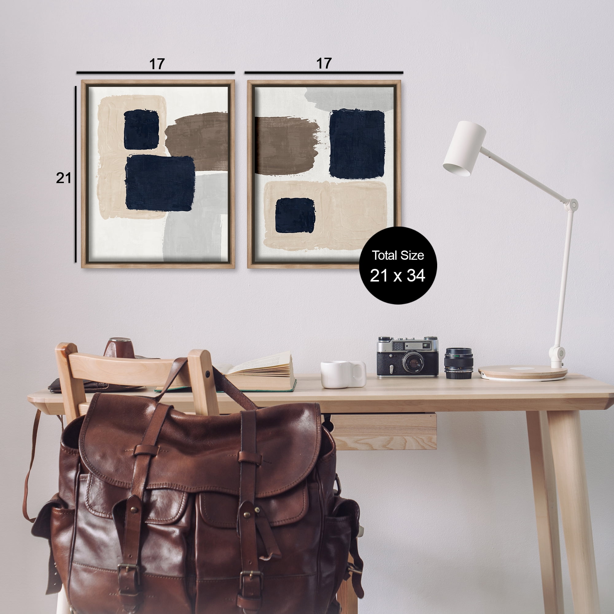 Stupell Industries Navy Brown Blocked Abstract Painting Brown Floater Framed Canvas Art Print Wall Art, 17 x 21, Set of 2