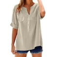 thumbnail image 3 of Summer Linen T-Shirt for Women V-Neck Button Pullover Tops Fashion Comfy Short Sleeve Shirt, 3 of 8