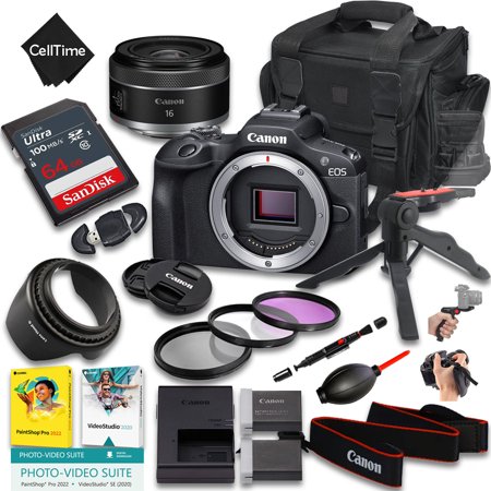 Canon EOS R100 Mirrorless Camera with RF 16mm f/2.8 STM Lens + 64 GB Memory + Extra Battery + Camera Case + Grip Tripod + More (20pc Bundle)