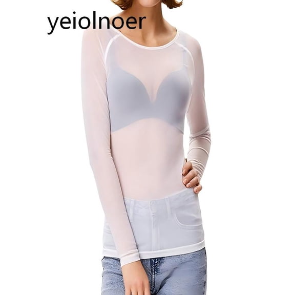 yeiolnoer Women's Mesh Tops See Through Going out Tee Shirts Trendy Long Sleeve Blouse Clubwear