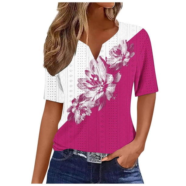 Camisetas Casuales de Mujer con Cuello en V Camiseta de Color Sólido, Manga Corta Casual Top para el Uso Diario