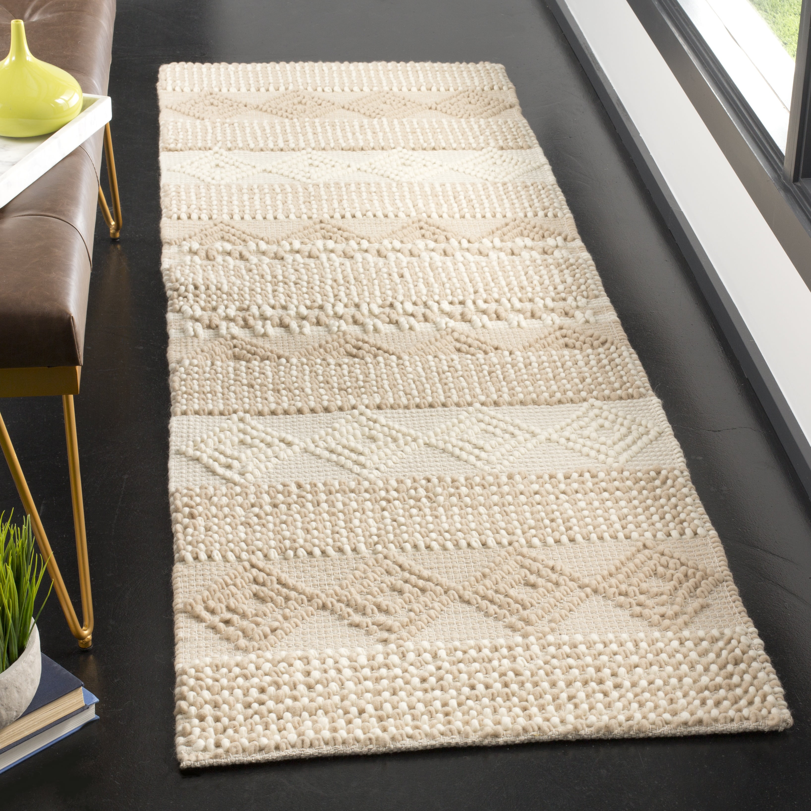 SAFAVIEH Natura Carly Geometric Braided Wool Runner Rug, Beige/Ivory, 2'3" x 12'