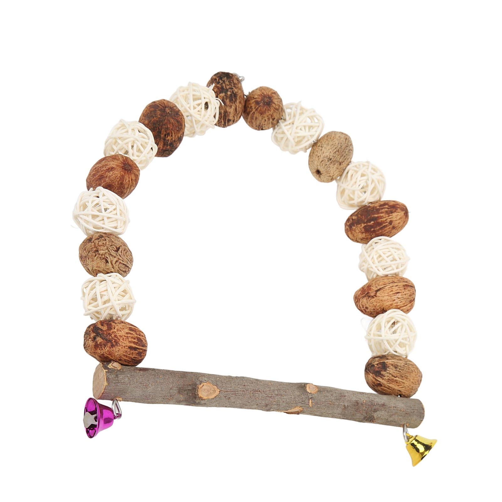 Xirurus Bird Chewing Swing Wooden Pecans Rattan Ball Hanging Parrots Perch Toy with Bells, Natural Foraging and Chewing Cage Accessory for Cockatiels, Lovebirds, Conures, Large Size (10.63 inches)