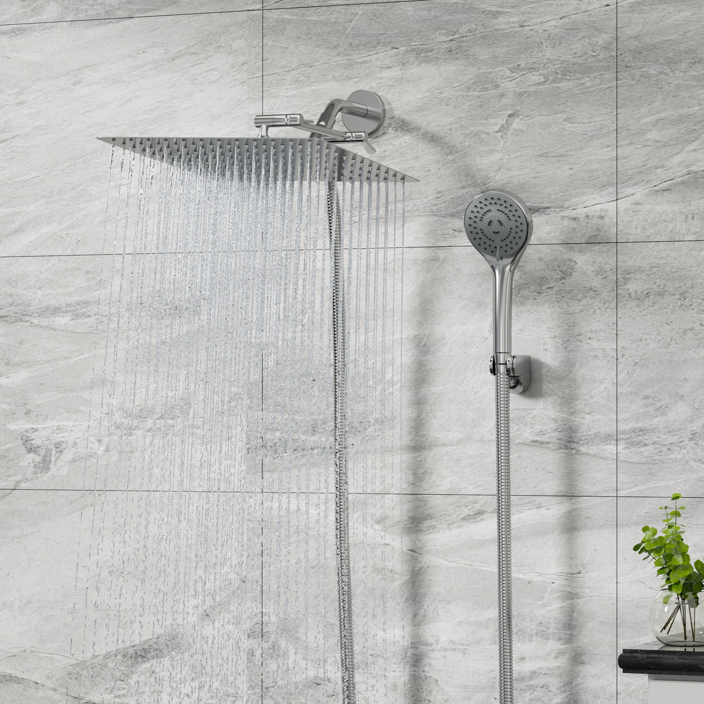 DTIG 12-Inch Rain Shower Head with 5 Settings, High-Pressure Handheld Showerhead, Bracket, and Hose, Silver
