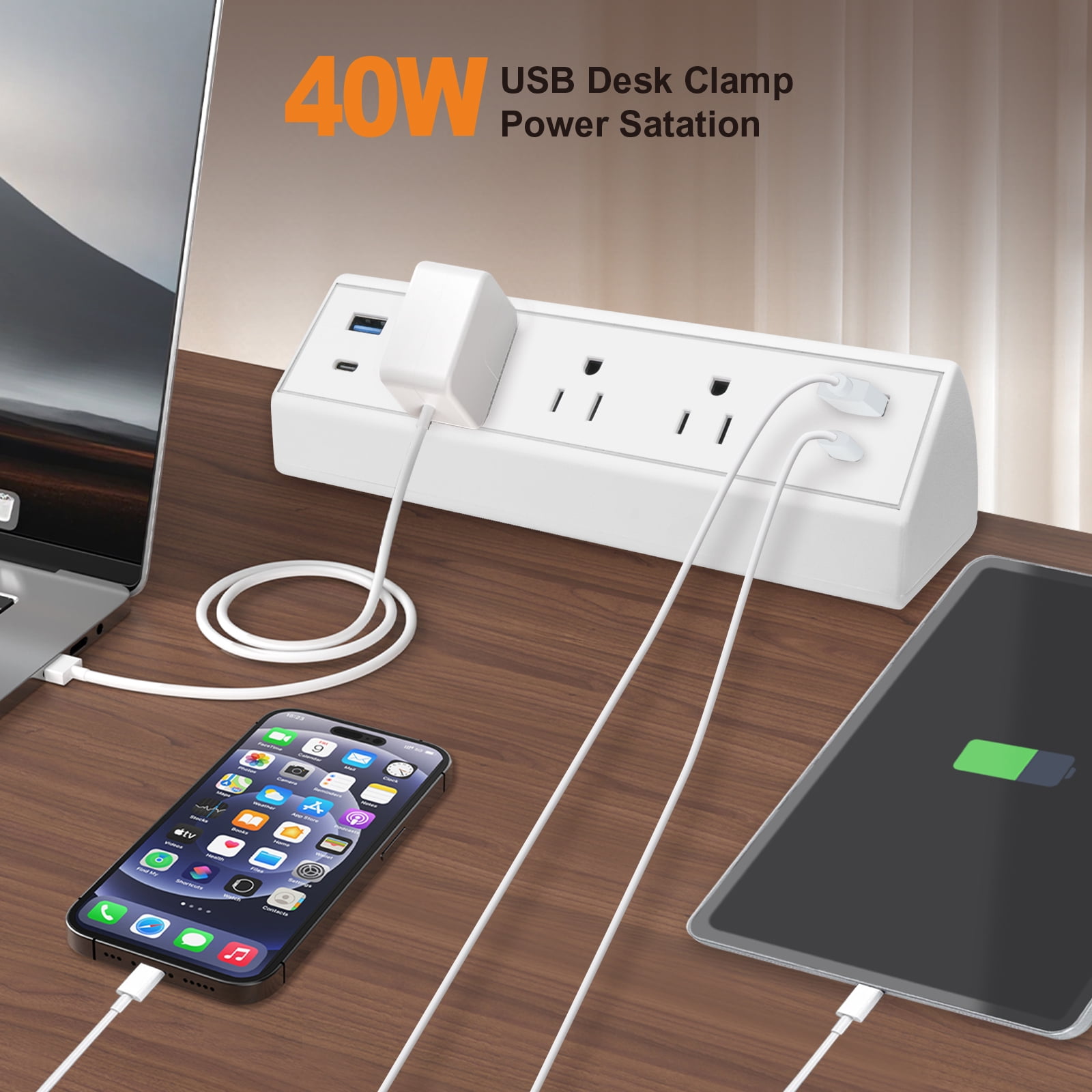Fast Charge USB C Desk Clamp Power Strip 40W, Desktop Power Station Edge Mount  3 Outlets 4 USB C for Home Office School Hotel ETL White
