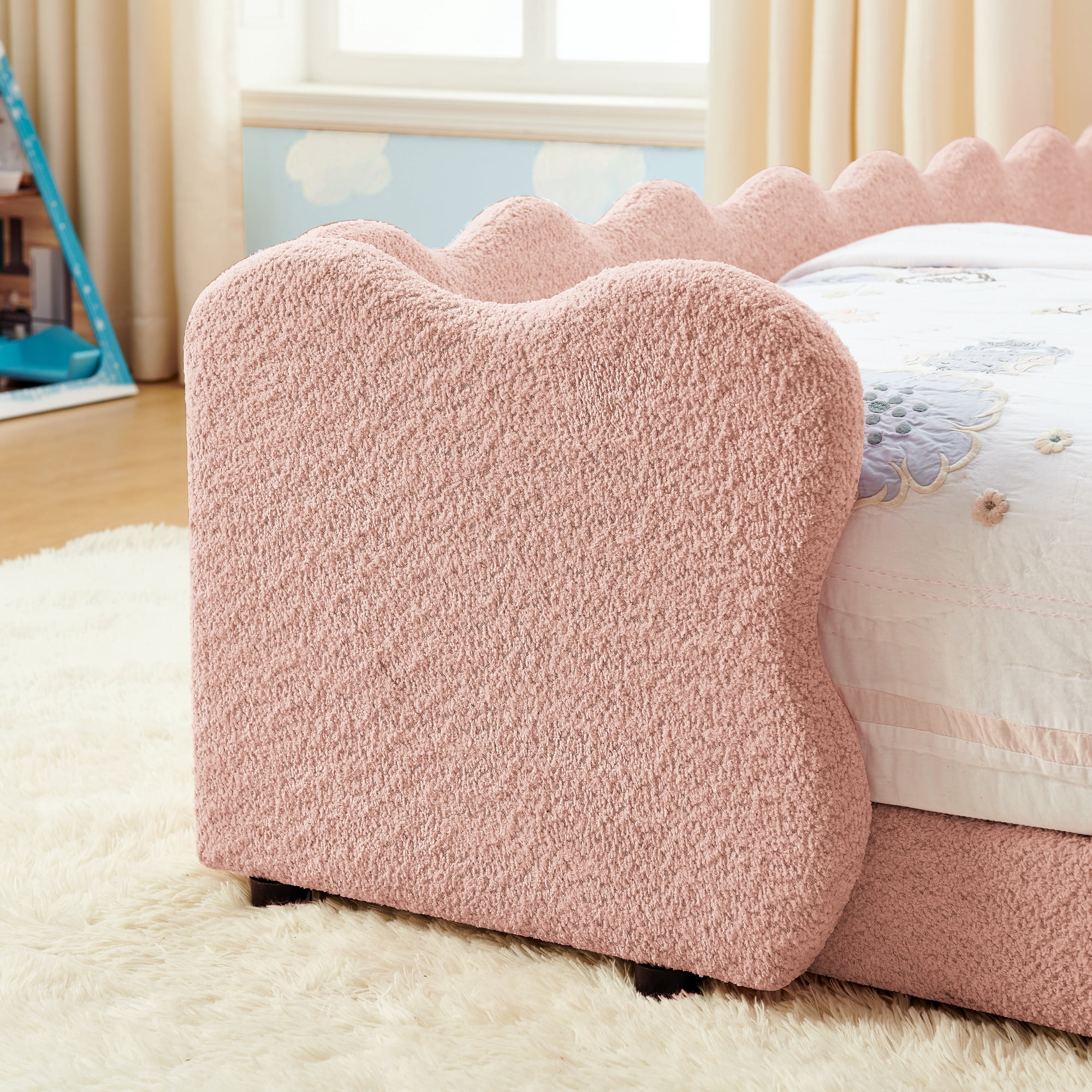 Avobird Twin Size Cute Dinosaur-Shaped Kids Bed with Safety Guardraild, Solid Wood Toddler Bed Frame for Children for Bedroom, Boucle Fabric, Pink