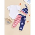 thumbnail image 6 of Aojekbee Baby Boy Patriotic Outfit Letter Print Short Sleeves Romper and Elastic Star Stripe Pants Beanies Hat Set, 6 of 10