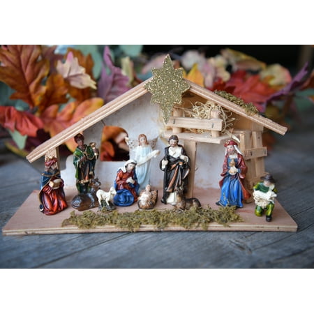 Christmas Nativity Scene Set Figures Polyresin Figurines Baby Jesus 12 PIECE SET Wooden Manger Nacimiento