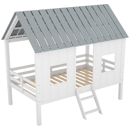 Euroco Wood Twin Size House Bed with Ladder for Kids Teens, Low Loft Bed, White