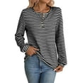 thumbnail image 2 of Aueoeo Womens Casual Shirts Knitted Stripe Long Sleeve Shirts for Women Loose Crew Neck Button Up Pullover Blouses Tops, 2 of 6