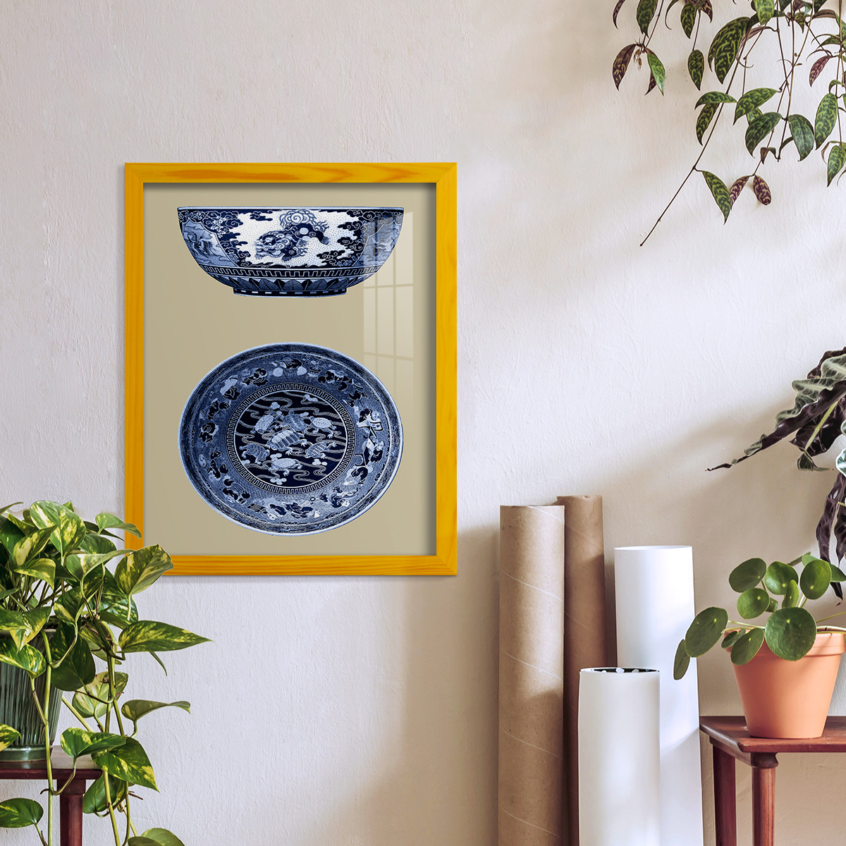Porcelain in Blue and White I -Framed Print w/glass-Sunflower Yellow
