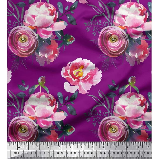Soimoi Purple Cotton Duck Fabric Peony And Ranunculus Floral Print Fabric by the Yard 42 Inch Wide