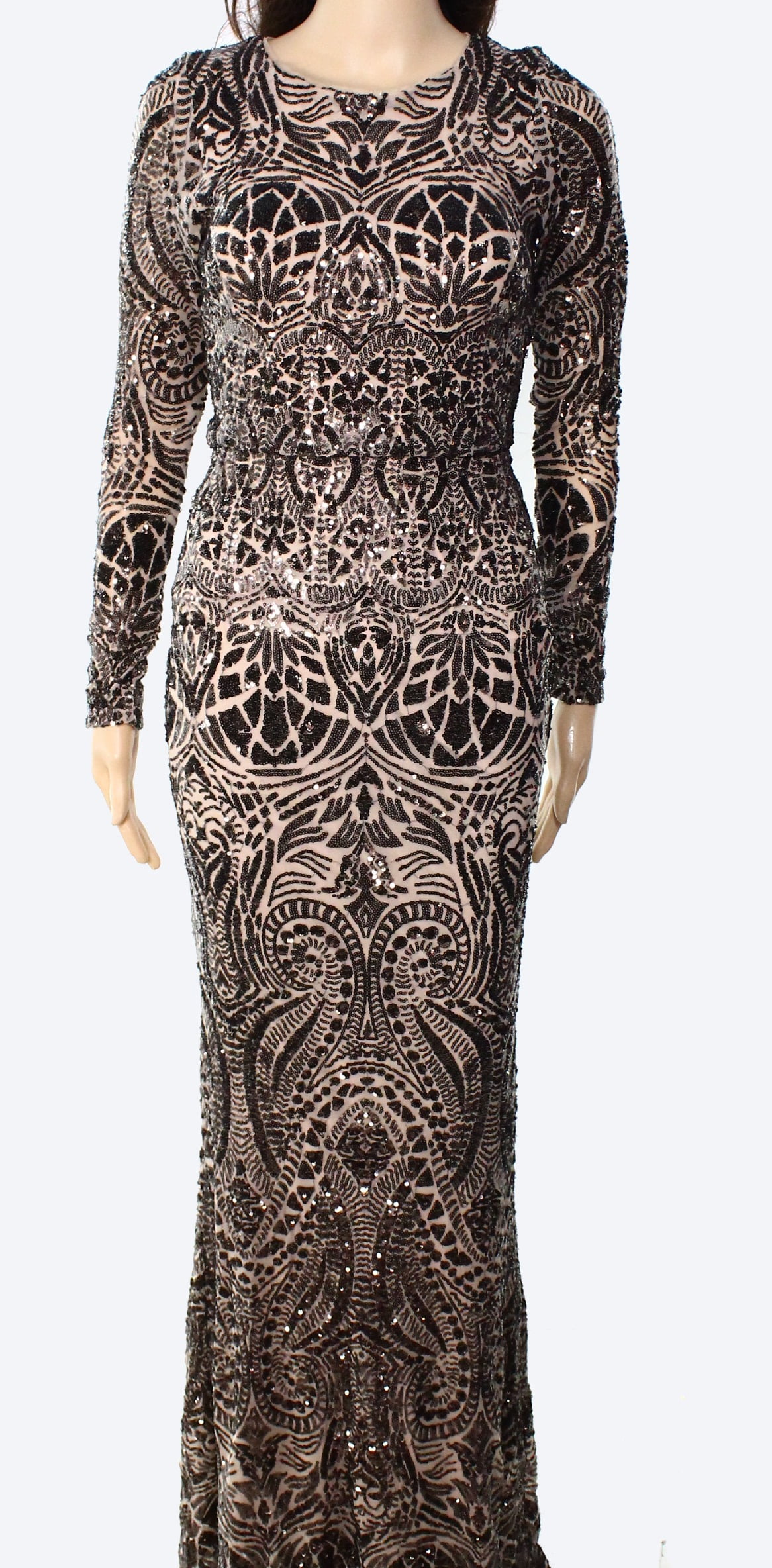 betsy and adam long sleeve sequin gown