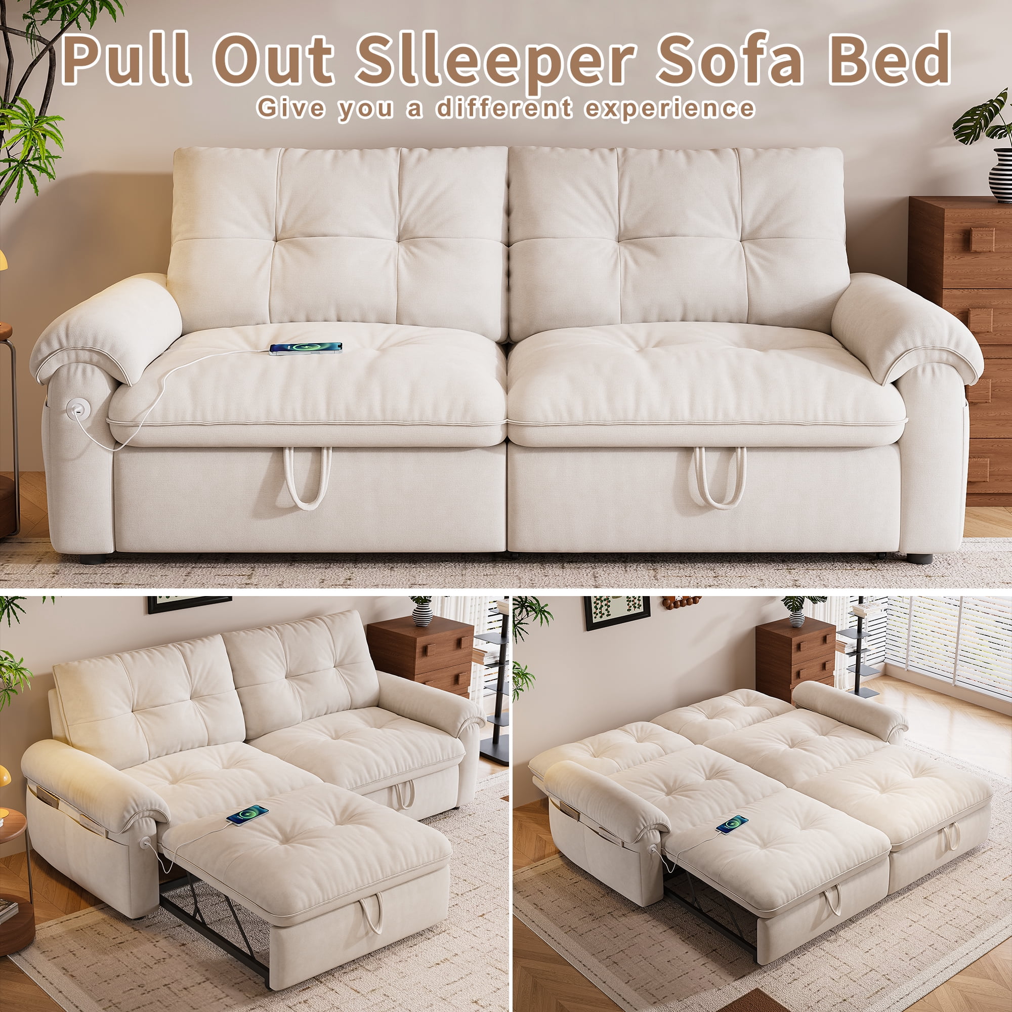 Kosynda 77"W Pull Out Couch with USB, 3 in 1 Convertible Sofa Bed with Storage Pockets, Folding Loveseat Sleeper Sofa for Living Room, Bedroom, Office, Small Space, Beige