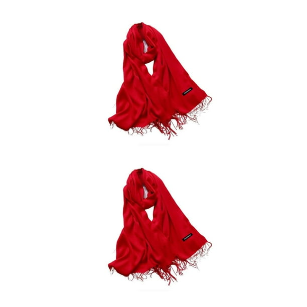 Minnieouse Bufanda de mujer con borla Color puro Moda Bufandas de invierno Hechas a mano Damas Imitación Chal Wraps Decoraciones de viaje Rojo Rojo 200*70cm 2piezas