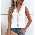 thumbnail image 2 of Lace Sleeveless Shirt Blouse Plain Color V Neckline Hollow Blouse for Women Lady Dating Summer White L, 2 of 6