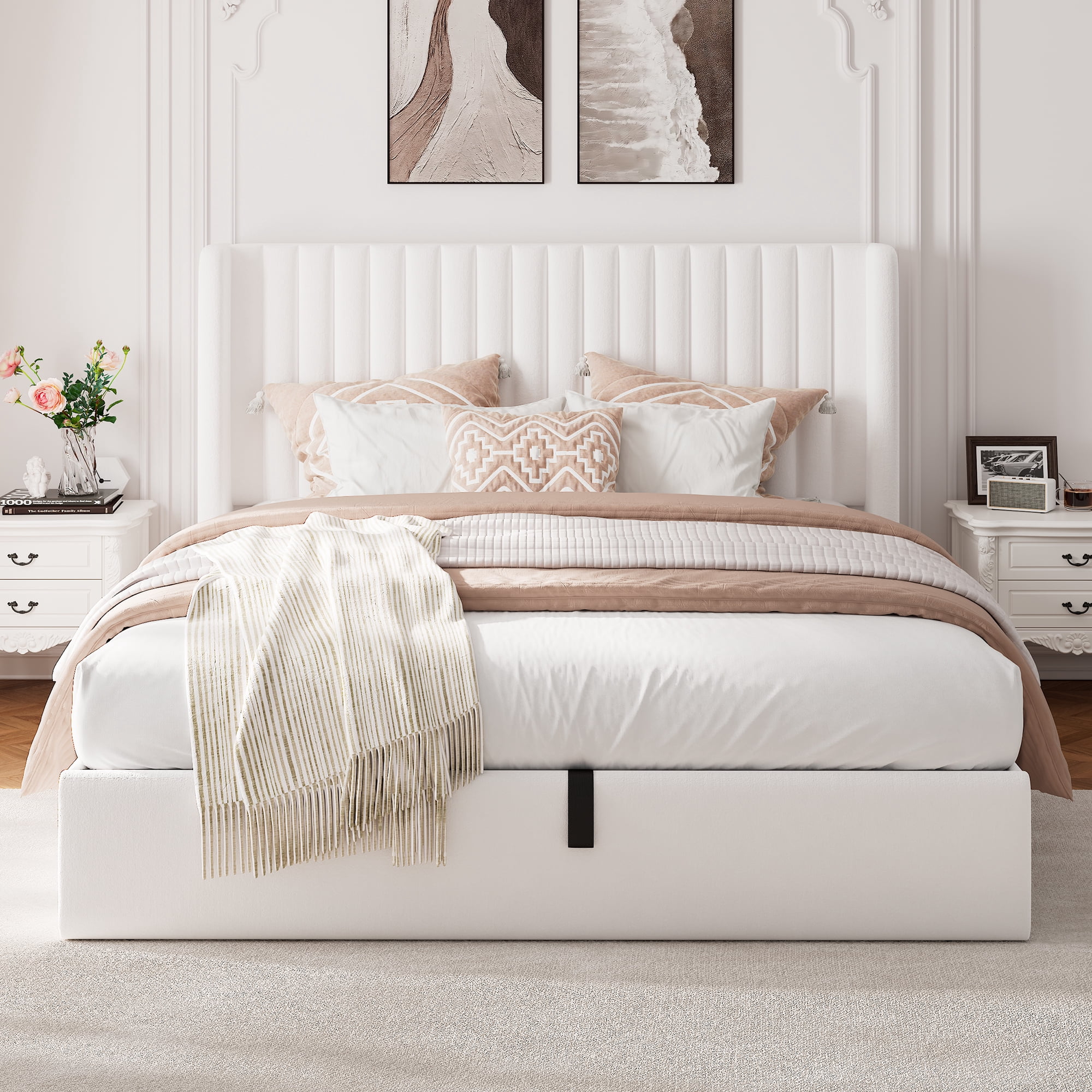 Einhomn Full Size Lift Up Storage Bed With Wingback Headboard, Upholstered Platform Bed Frame with Hydraulic Storage, Velvet Fabric, No Box Spring Needed, White