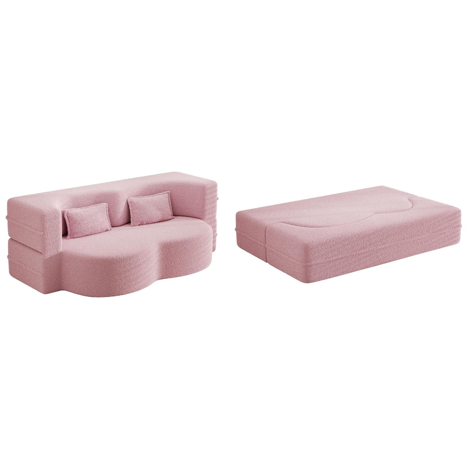 Demi Bonn Modern Convertible Floor Sofa Bed with 2 Pillows, Full Size 15" Folding Mattress, Teddy Fabric Foam-Filled for Living Room, No Assembly Needed, Pink