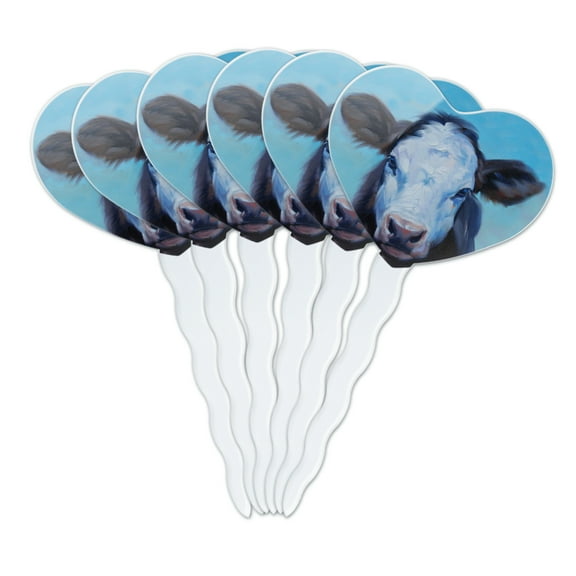 Brown and White Cow Painting Heart Love Cupcake Picks Toppers Decoration Set of 6