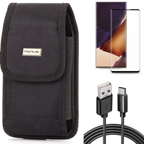 6ft USB Cable & Screen Protector & Case Belt Clip for Samsung Galaxy Note 20 Ultra (6.9") - Combo with Type-C Charger Cord & Tempered Glass (Fingerprint Unlock) & Swivel Holster