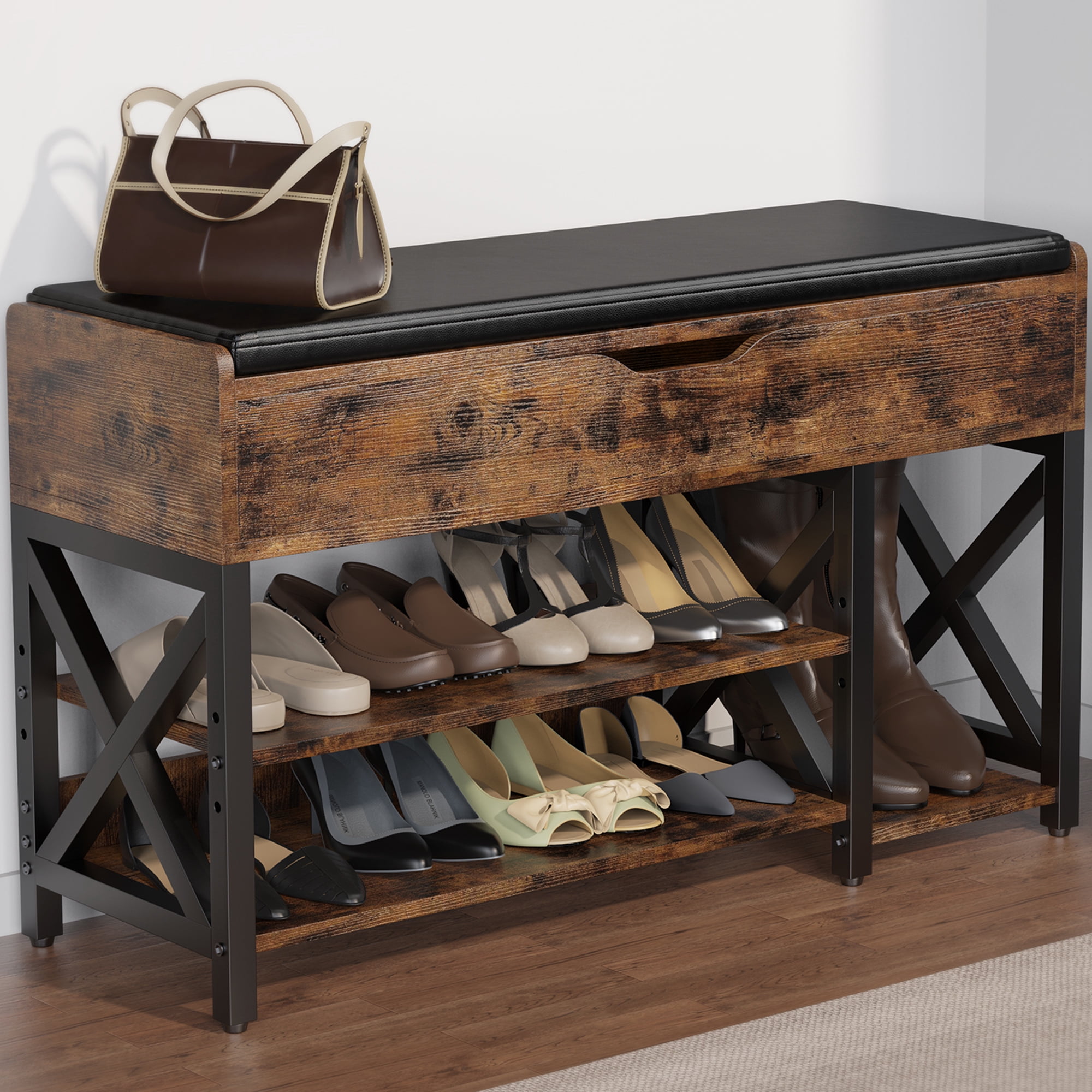 Shoe Bench, Lift Top Shoe Storage Bench, Adjustable Shelf Entryway Bench, Metal and Wood Shoe Rack Organizer with Cushion for Entry, Bedroom, Closet, Living Room, Hallway (Brown, 35.5“W)