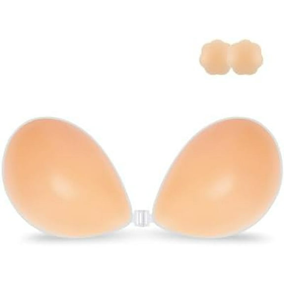 Adhesive Bra Strapless Sticky Invisible Push up Silicone Bra for Backless Dress with Nipple Covers Creme C