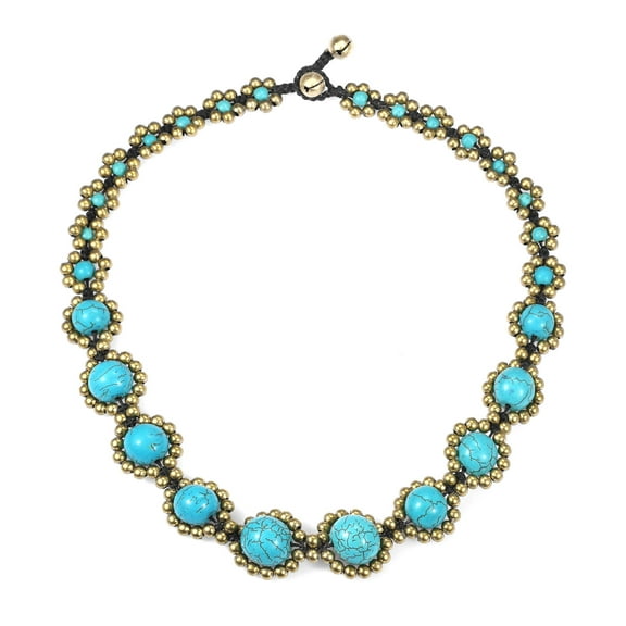 AeraVida Brass Embellished Round Simulated Turquoise Handmade Necklace